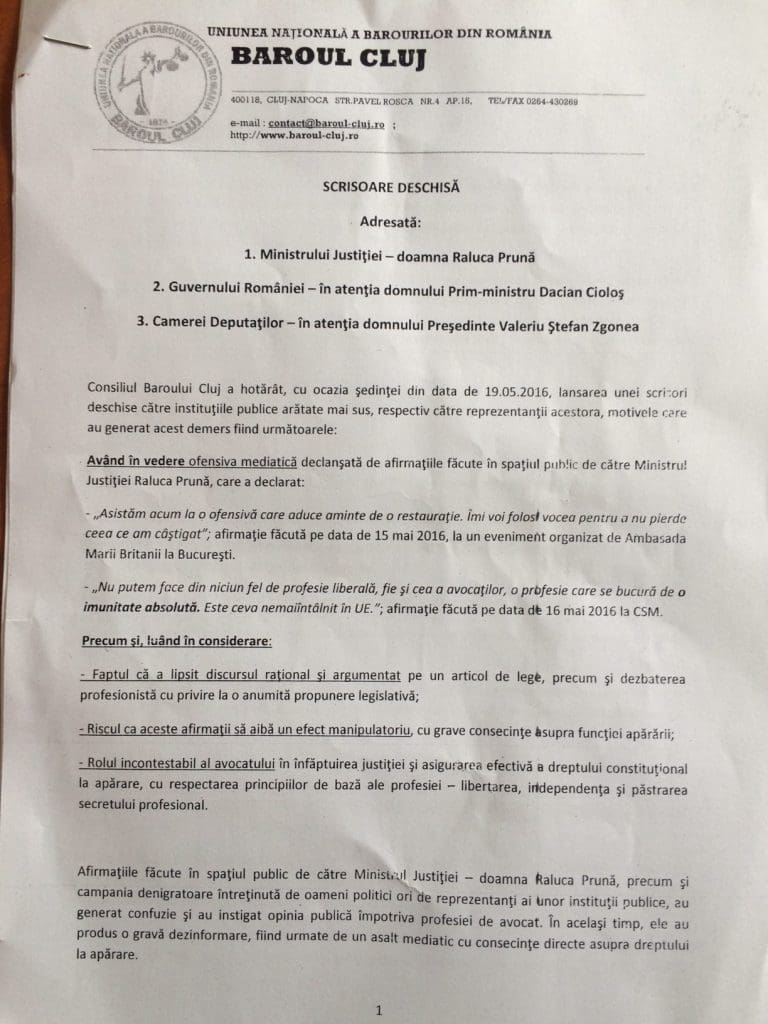 scrisoare deschisa baroul cluj